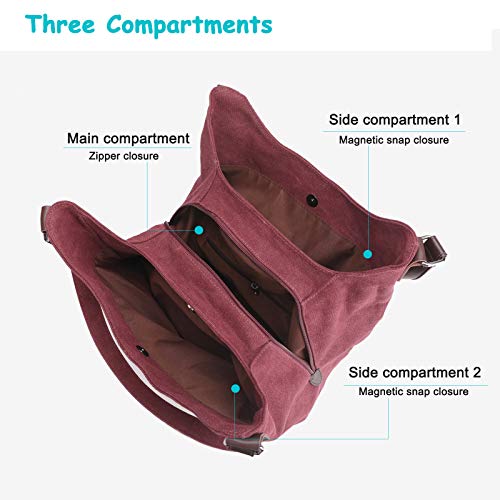 DOURR Women's Multi-pocket Shoulder Bag Fashion Cotton Canvas Handbag Tote Purse - color: Purple Coffee - Large Size