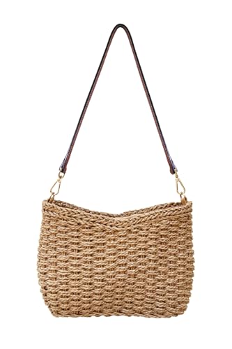 Women Small Hand Woven Straw Bag Mini Handmade Summer Beach Purse Chic Vacation Shoulder Handbag | Small, Mini, Handmade, Underarm, Square, Purse - color: Brown - Cognac Strap