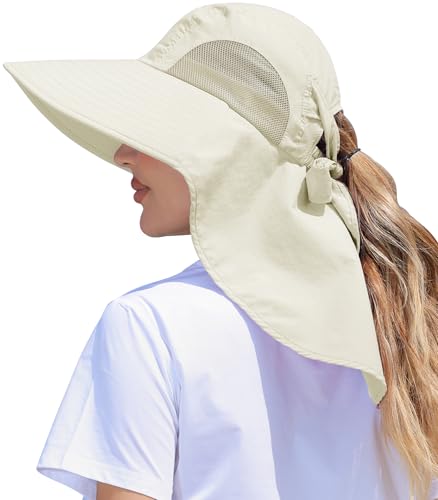 Womens Sun Hat Outdoor UV Protection Wide Brim Fishing Hat with Ponytail Hole Neck Flap for Beach Hiking Camping - color: A-sun Hat-beige