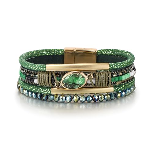 Edoneery Leather Wrap Bracelet for Women, Boho Handmade Multi-Layer Cuff with Crystal Beads Heart, Stackable Bangle Western Jewelry Gift - style: Crystal(Green)