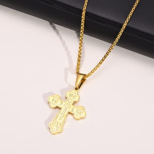 Men's Orthodox Cross Pendant Necklace - Trendy Religious Cross Chain,Hypoallergenic Waterproof Stainless Steel Christian Long Necklaces,Non Tarnish Byzantine Cross Symbol Pendants Necklace for Him - color: Gold-new