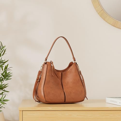 Realer Hobo Crossbody Bags for Women Designer Faux Leather Hobo Handbags Retro Large Size Shoulder Bag Bucket Purse - color: Brown-gold Hardware, size: Medium-12.4 inch