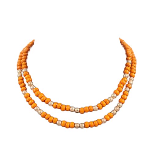 COLORFUL BLING Layered Boho Wood Beaded Choker Necklace Vintage Natural Wooden Bead Collar Necklace for Women Handmade Tribal Bohemian Jewelry - color: Orange