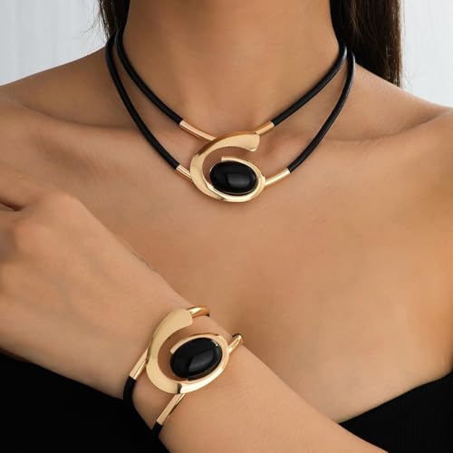 Gold Jewelry Set, Silver Black Boho Western Chunky Vintage Pendant Necklace Stack Trendy Adjustable Non Tarnish Cowgirl Dainty Hypoallergenic Earrings Jewelry Sets For Women - color: Bracelet & Necklace Set