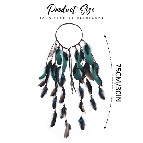 GORTIN Boho Feather Headband Gypsy Headpiece Headdress Bohemian Hippie Headbands Indian Festival Hair Band Adjust Long Feather Hair Accessories for Women and Girls (Black+Green) - color: Black+Green