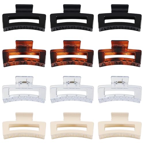 Sisiaipu 3.5 Inch Medium Square Claw Hair Clips, 12 Pcs Transparent, Amber, Glossy Black for Thick and Thin Hair - Hair Accessories for Women and Girls - color: Transparent