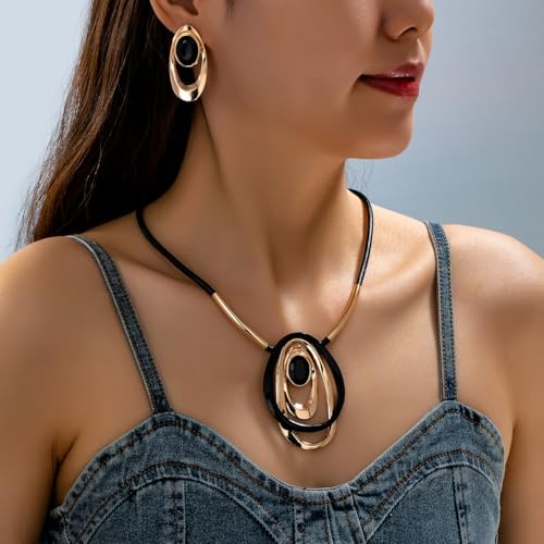 Gold Jewelry Set, Silver Black Boho Western Chunky Vintage Pendant Necklace Stack Trendy Adjustable Non Tarnish Cowgirl Dainty Hypoallergenic Earrings Jewelry Sets For Women - color: T-Gold black set