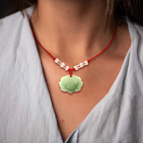 BuleVina Lotus Pendant Necklace Jade Lucky Charm with Red Cord for Men Women, Fashion Natural Green Amulet Jewelry Gifts 24 Inch Rope