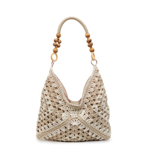 OANEXX Summer Straw Hobo Bags for Women Boho Woven Mesh Beach Tote Bag Large Capacity Crochet Vacation Shoulder Handbag - color: Beige