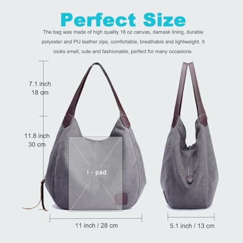 DOURR Women's Multi-pocket Shoulder Bag Fashion Cotton Canvas Handbag Tote Purse - color: Purple Coffee - Medium Size