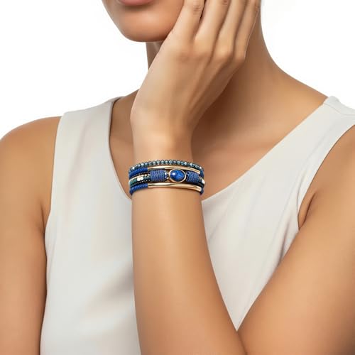 Edoneery Leather Wrap Bracelet for Women, Boho Handmade Multi-Layer Cuff with Crystal Beads Heart, Stackable Bangle Western Jewelry Gift - style: Crystal(Blue)