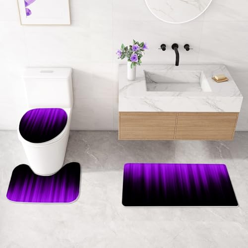 Litabel 4 Pcs Purple and Black Gradient Shower Curtain Set with Rugs and Toilet Lid Cover, Modern Simple Waterproof Fabric Bathroom Set, Ombre Stripe Gothic Abstract Bathroom Decor Set Accessories - color: Purple
