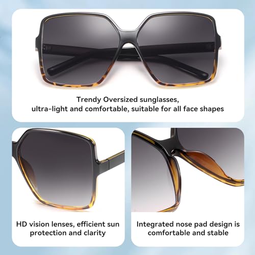 Dollger Oversized Square Sunglasses for Women Big Large Wide Fashion Shades for Men UV Protection Unisex - color: F: Black Gradient Leopard Frame
