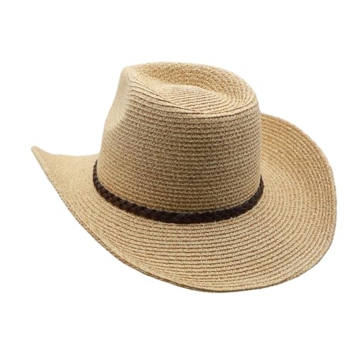 Straw Cowgirl Hat for Women Cowboy Hats for Men Wide Brim Sun Hat Shapeable Western Hat Beach Hat - color: Beige-khaki Blend