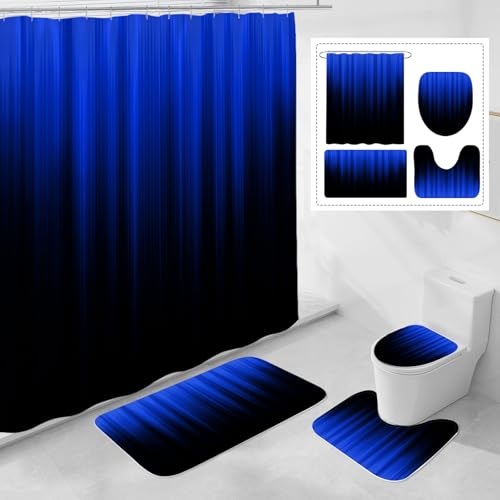 Litabel 4 Pcs Royal Blue and Black Gradient Shower Curtain Set with Rugs and Toilet Lid Cover, Modern Simple Waterproof Fabric Bathroom Set, Ombre Stripe Gothic Abstract Bathroom Decor Set Accessories - color: Royalblue