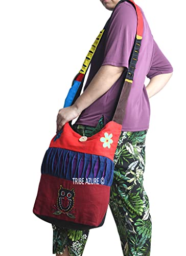 Blue Red Hobo Cotton Sling Cross Body Messenger Shoulder Bag Hippie Boho Bohemian Light Roomy Spacious | Hippie, Boho, Bohemian, Light, Roomy, Spacious - style: Owl