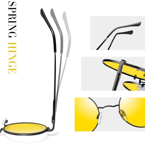 Joopin Retro Small Round Sunglasses Hippie Circle Sun Glasses Polarized UV400 Protection Metal Shades for Men Women - color: A08-black Frame Yellow Lens