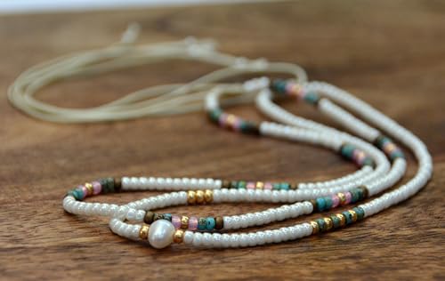 Beaded Choker Necklace for women and Teen Girls, Boho Bohemian Adjustable Colorful Seed Beads Necklace, Handmade Native American Style Jewelry by TRIBES - color: Pearl, Turquoise, Pink, style: Set of 2 Necklaces