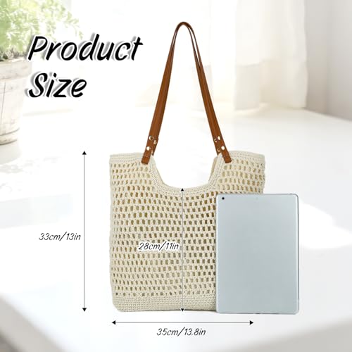 Oweisong Beach Bags for Women Woven Crochet Summer Purse 2026 | Boho Tote Bag, 13.8" Large Capacity, Tote Bag with Zipper, Foldable Packable, Beach Shipping, Vacation Purse - color: Begie