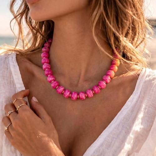 Summer Beach Jewelry Chunky Beaded Necklace for Women Trendy Statement Big Colorful Resin Bead Choker Necklaces Boho Charm Jewelry Cute Gifts for Love - color: Rose Red