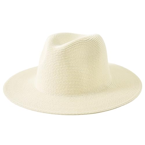 Lanzom Women Wide Brim Straw Panama Roll up Hat Fedora Beach Sun Hat UPF50+ - color: Beige Without Band, size: One Size-Medium