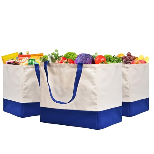 3 Pack Canvas Reusable Grocery Bags Heavy Duty, 8.3 gal Foldable Large Tote Bag with Handles, Holds 60 lbs Canvas Shopping Bags & Washable Eco-friendly Bags with 5 Pockets, Blue+Off White - color: [A1] Off White / Blue, size: 3 Pack