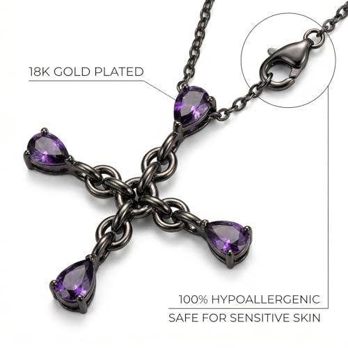 Gothic Black Cross Necklace for Men Women, Purple Teardrop Cubic Zirconia Pendant, Vintage Y2K Dark Aesthetic Jewelry, Unique Easter Gifts