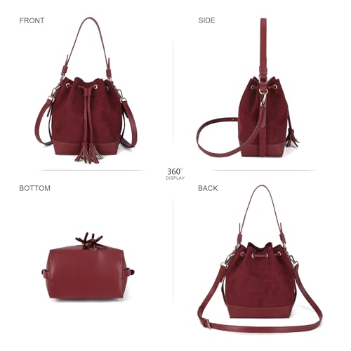 AFKOMST Faux Suede Bucket Bags and Drawstring Crossbody Purse for Women Medium Tote Handbags with 2 Shouder Straps | Fit Pad mini, Long Wallet, Removable Long Strap - color: Burgundy