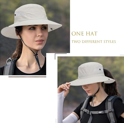 Womens Summer Sun Hat Beach Hat Wide Brim Outdoor UV Protection Hat Packable Mesh Bucket Hat with Ponytail Hole - color: Solid Beige