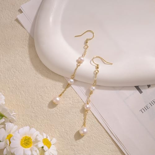 Hayopi Pearl Earrings for Women - Dainty Gold Dangle Drop Earrings, 14k Gold Plated Cute Bow Design, Hypoallergenic Pearl Studs, Wedding Jewelry Gifts - color: GOLD-3 dangle pearl earrings