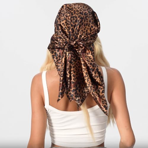 Leopard Print Head Scarf for Women Like Silk Satin Scarf for Hair Wrapping at Night Bandana Square Scarf 35 Inches - color: Dark Coffee