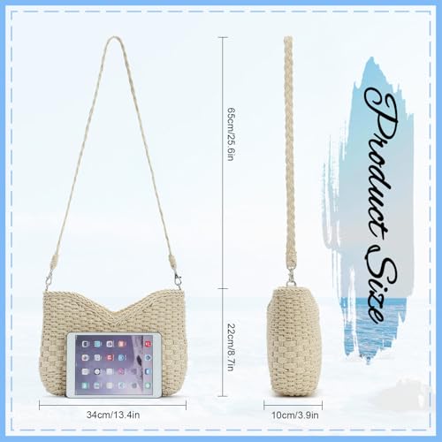 KUANG! Handmade Woven Shoulder Bag for Women Summer Beach Straw Purse Crossbody Handbag with Strap - color: Beige