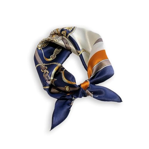 100% Mulberry Silk Neck Scarf - 21'' x 21'' Lightweight Neckerchief - Women Men Small Square Digital Printed Scarves - color: Dark Blue