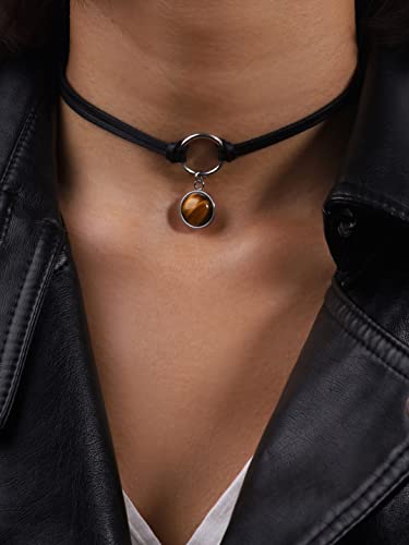 Sacina O Ring Crystal Choker, Black Choker, Boho Hippie Necklace, Gothic Necklace, Christmas Jewelry Gift for Women - color: tiger eye