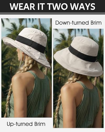 Senker Fashion Sun Hats for Women UV Protection, Waterproof Ponytail Wide Brim Bucket Hat for Summer Beach Gardening Travel - color: Beige