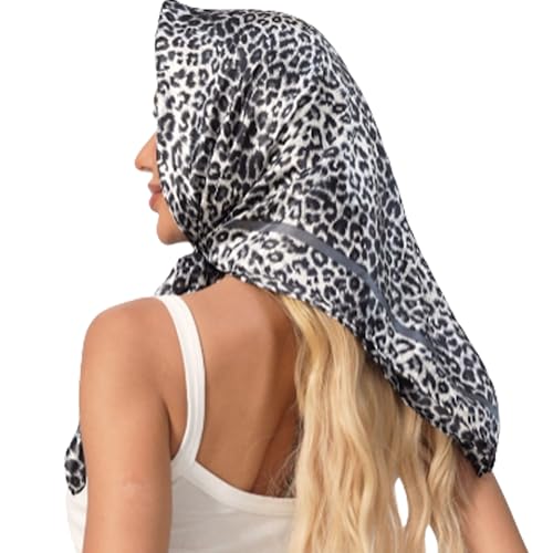 Leopard Print Head Scarf for Women Like Silk Satin Scarf for Hair Wrapping at Night Bandana Square Scarf 35 Inches - color: Gray
