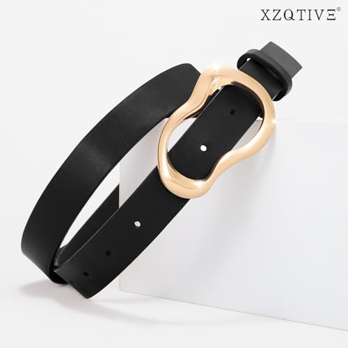 XZQTIVE Leather Belts for Women Casual Fashion Waist Belt for Jeans Pants Dresses with Unique Liquid Shapes Gold Buckle - color: Black, size: Fit Waist 44-51in