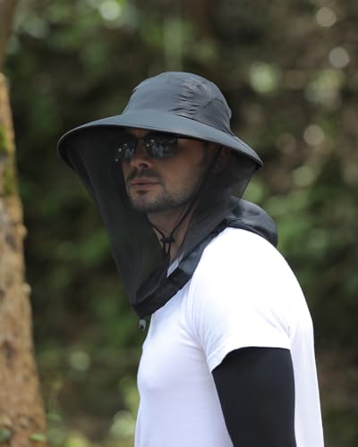 Womens Sun Hat Outdoor UV Protection Wide Brim Fishing Hat with Ponytail Hole Neck Flap for Beach Hiking Camping - color: Mosquito Net-black