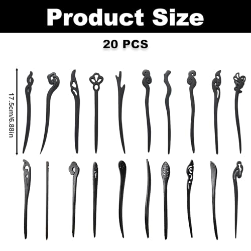 20PCS Wooden Hair Sticks, Chinese Hair Pins for Women, Black Japanese Chignon Hair Chopsticks, Classic Wooden Hair Pins for Buns Hair Accessories for Women Gifts