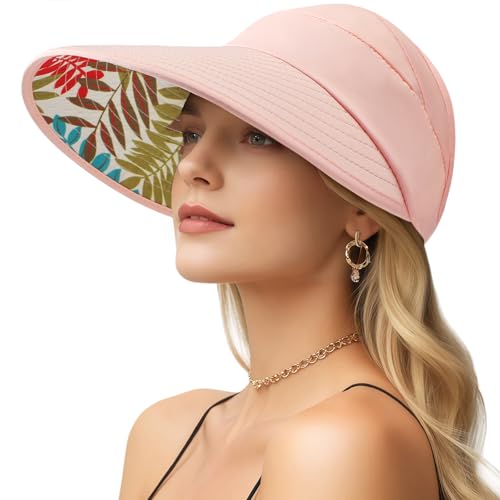 Sun Hats for Women, Wide Brim Beach Hats UV Protection, Packable Visor Ponytail Sunhat for Summer - color: Pink