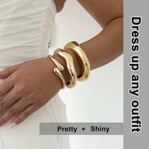 Chunky Gold Bangles Bracelets for Women Gold Cuff Bracelet Set Waterproof Non Tarnish Stack Bracelet for Women Jewelry