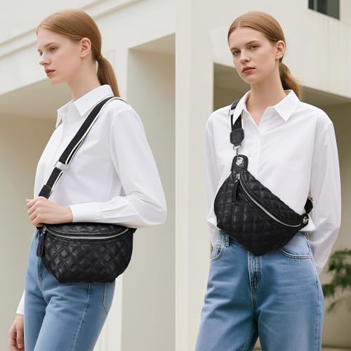 Women's Quilted Crossbody Waist Pack, PU Leather Fanny Pack Sling Bag with Adjustable Belt, Small Shoulder Purse for Travel, Daily Use (B-Black) - color: D-Black