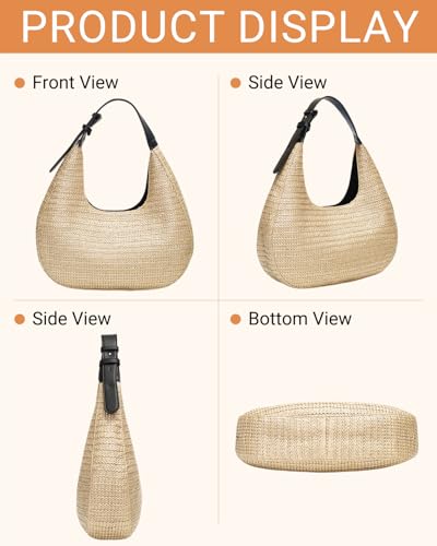 Herald Hobo Crescent Straw Handbag for Women, Summer Beach Tote Bag Purse Top Handle Satchel with Adjustable Strap - color: Black