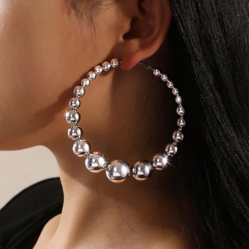Chunky Gold Beaded Hoop Earrings for Women Vintage Large Circle Balls Beads Dangling Hoops Earring Exaggerated Big Round Ball Jewelry Formal Accessories - color: Silver