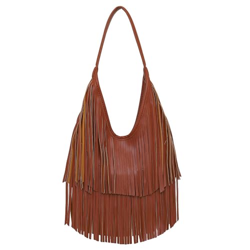 Fringe Hobo Shoulder Bag Vegan Leather Layered Tassel Women Purse Bags | layered tassel - color: Brown