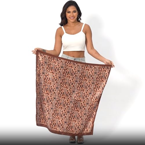 Leopard Print Head Scarf for Women Like Silk Satin Scarf for Hair Wrapping at Night Bandana Square Scarf 35 Inches - color: Dark Brown Leopard