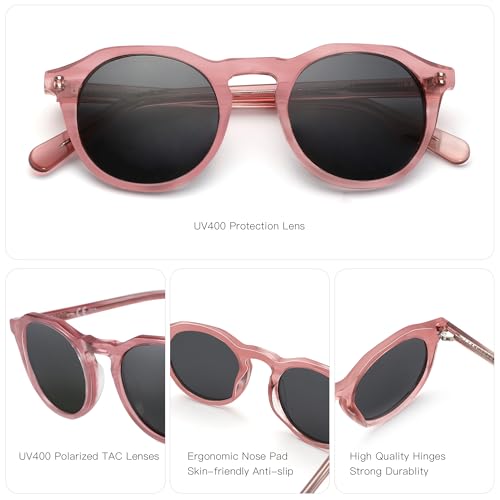 ZENOTTIC Vintage Round Polarized Sunglasses for Men Women UV400 Protection - color: C08 Crystal Pink Frame Grey Lens