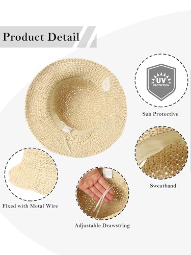 LA CARRIE Womens Sun Hat Floppy Packable Wide Brim UV Protection UPF 50+ Straw Hat with Embroidery for Summer Beach - color: Beige