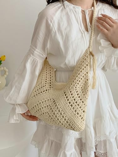 Boho Straw Bags for Women Large Woven Tote Bag Straw Beach Bag Shoulder Bags Purse Handbags Summer Straw Hobo Bag - color: Beige