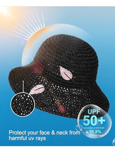 LA CARRIE Womens Sun Hat Floppy Packable Wide Brim UV Protection UPF 50+ Straw Hat with Embroidery for Summer Beach - color: Black